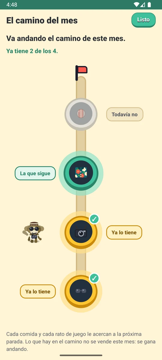 El camino del mes: cuatro paradas con regalos, dos ya conseguidas y la mascota caminando hacia la siguiente.