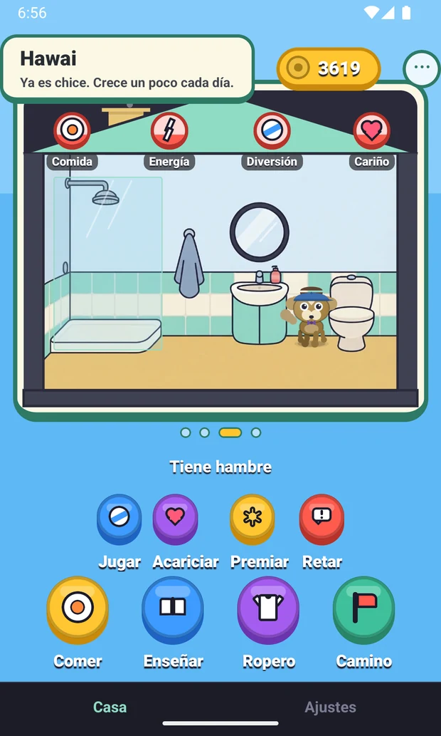La pantalla de Wiru: la mascota en el baño de su casa, con las monedas arriba y los botones de comer, enseñar, ropero y camino abajo.