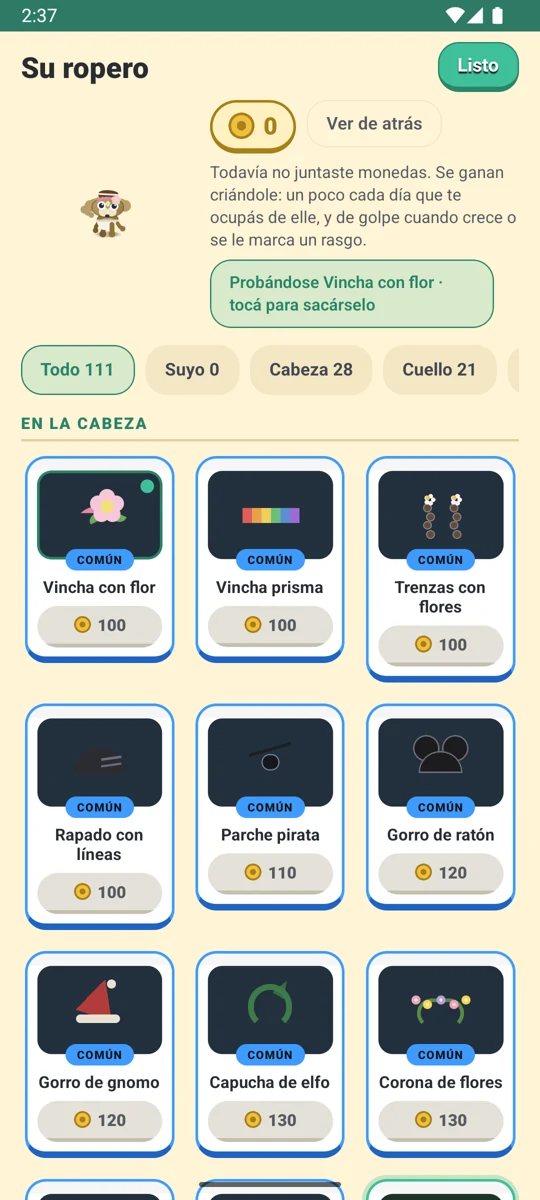 El ropero de Wiru: una grilla de prendas y accesorios con su precio en monedas, y la mascota probándose una vincha con flor.